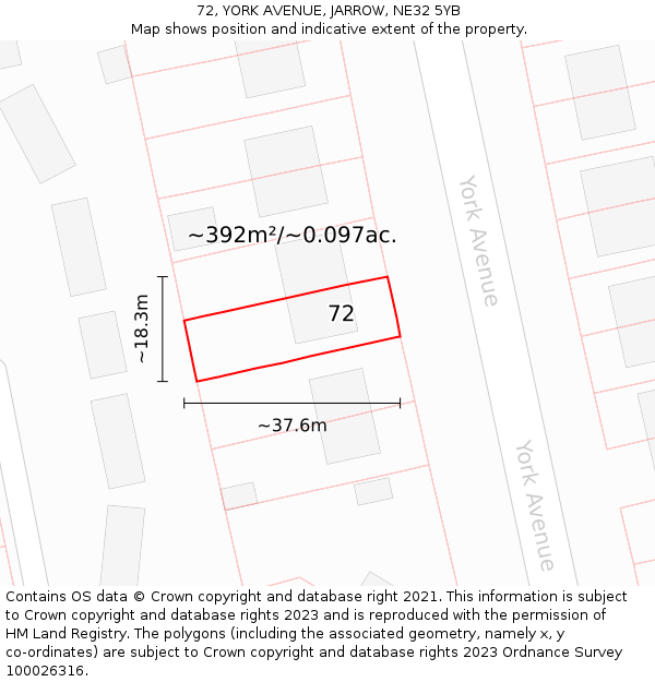 72, YORK AVENUE, JARROW, NE32 5YB: Plot and title map