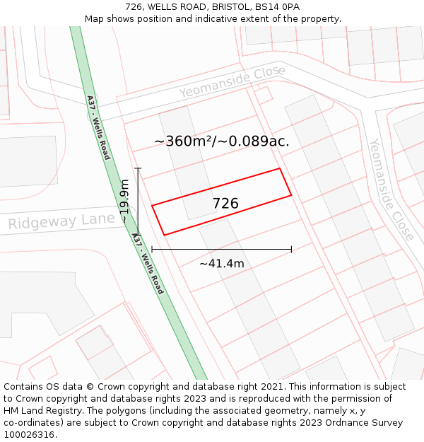 726, WELLS ROAD, BRISTOL, BS14 0PA: Plot and title map