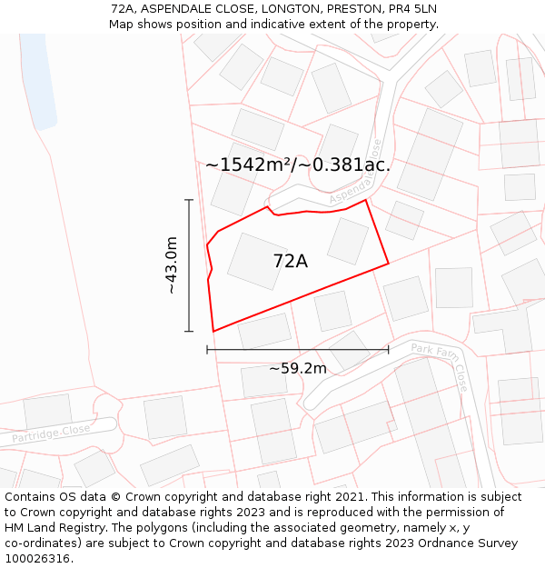 72A, ASPENDALE CLOSE, LONGTON, PRESTON, PR4 5LN: Plot and title map