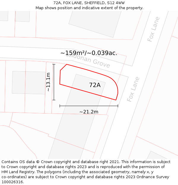 72A, FOX LANE, SHEFFIELD, S12 4WW: Plot and title map