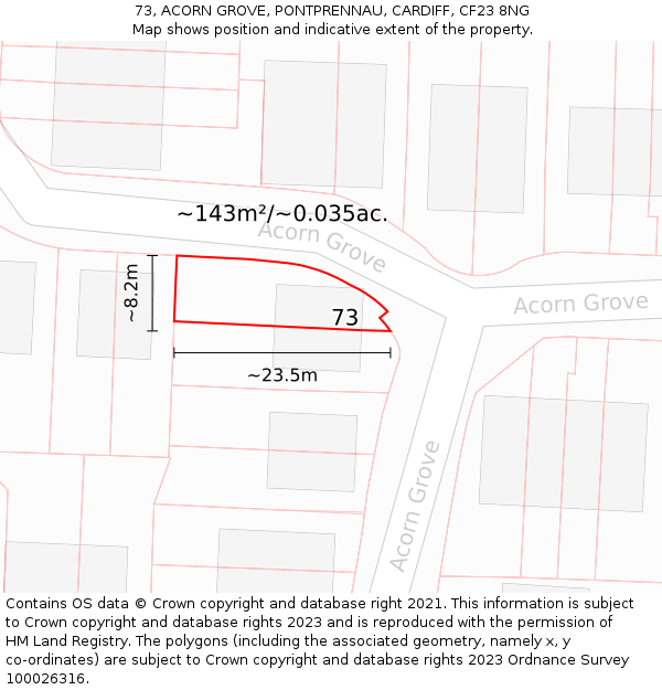 73, ACORN GROVE, PONTPRENNAU, CARDIFF, CF23 8NG: Plot and title map