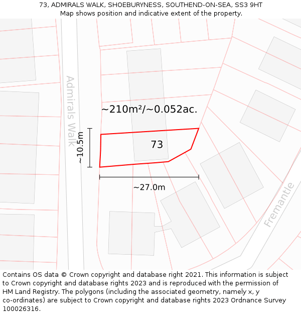 73, ADMIRALS WALK, SHOEBURYNESS, SOUTHEND-ON-SEA, SS3 9HT: Plot and title map