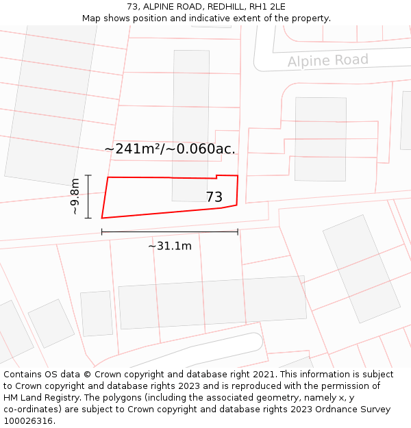 73, ALPINE ROAD, REDHILL, RH1 2LE: Plot and title map