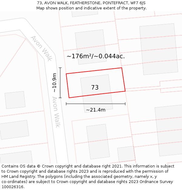 73, AVON WALK, FEATHERSTONE, PONTEFRACT, WF7 6JS: Plot and title map