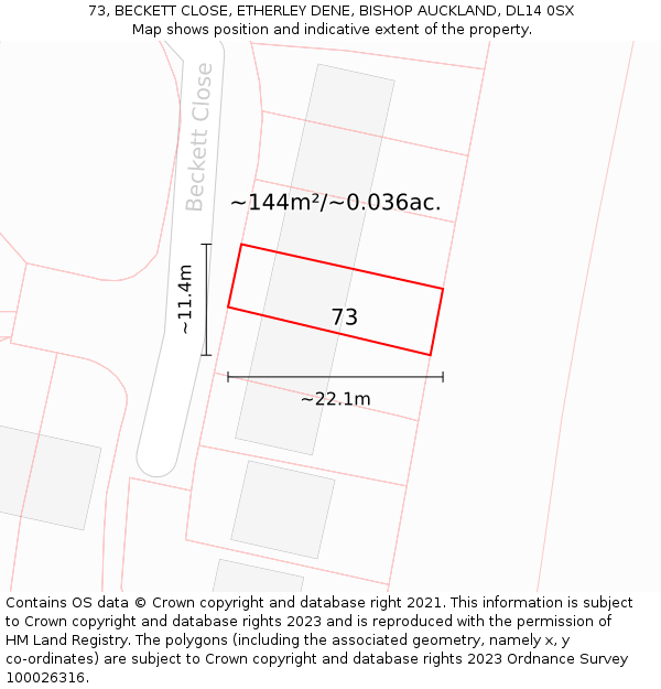 73, BECKETT CLOSE, ETHERLEY DENE, BISHOP AUCKLAND, DL14 0SX: Plot and title map