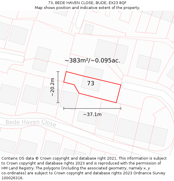 73, BEDE HAVEN CLOSE, BUDE, EX23 8QF: Plot and title map