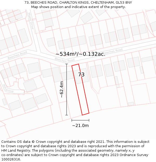 73, BEECHES ROAD, CHARLTON KINGS, CHELTENHAM, GL53 8NY: Plot and title map