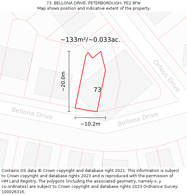 73, BELLONA DRIVE, PETERBOROUGH, PE2 8FW: Plot and title map