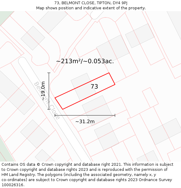 73, BELMONT CLOSE, TIPTON, DY4 9PJ: Plot and title map