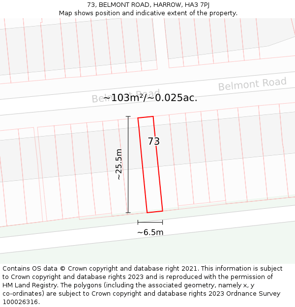 73, BELMONT ROAD, HARROW, HA3 7PJ: Plot and title map