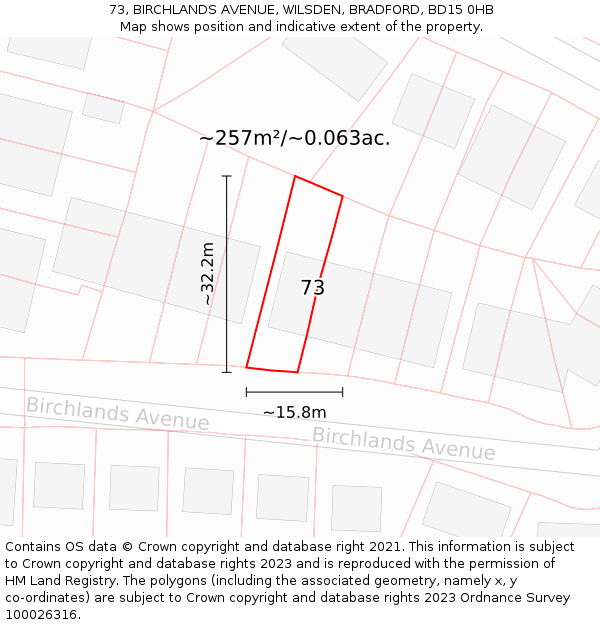 73, BIRCHLANDS AVENUE, WILSDEN, BRADFORD, BD15 0HB: Plot and title map