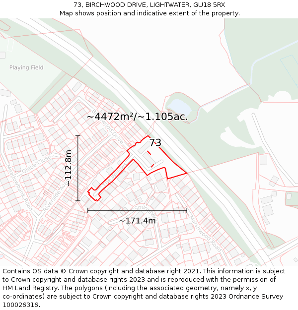 73, BIRCHWOOD DRIVE, LIGHTWATER, GU18 5RX: Plot and title map