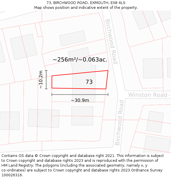 73, BIRCHWOOD ROAD, EXMOUTH, EX8 4LS: Plot and title map