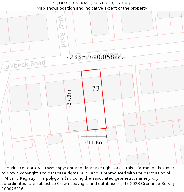 73, BIRKBECK ROAD, ROMFORD, RM7 0QR: Plot and title map