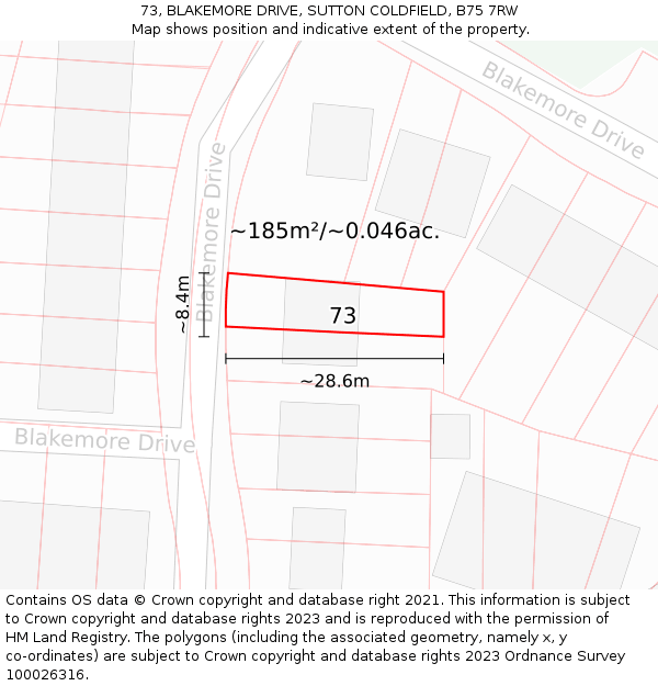 73, BLAKEMORE DRIVE, SUTTON COLDFIELD, B75 7RW: Plot and title map
