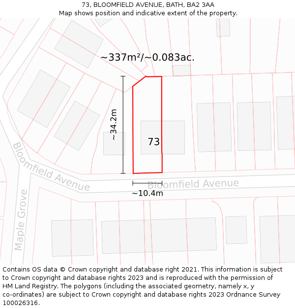 73, BLOOMFIELD AVENUE, BATH, BA2 3AA: Plot and title map