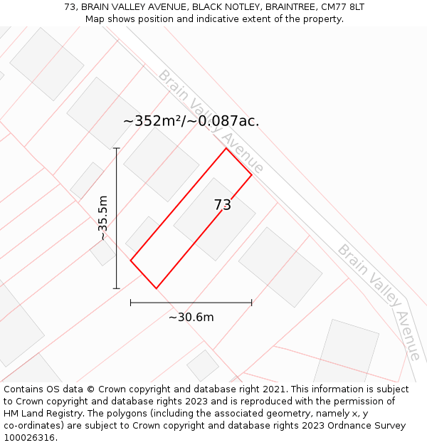 73, BRAIN VALLEY AVENUE, BLACK NOTLEY, BRAINTREE, CM77 8LT: Plot and title map