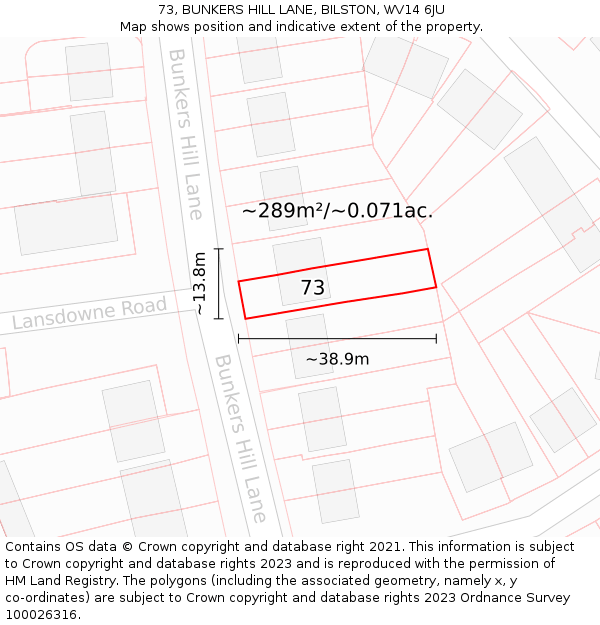 73, BUNKERS HILL LANE, BILSTON, WV14 6JU: Plot and title map