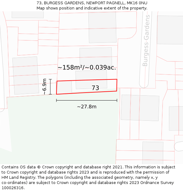 73, BURGESS GARDENS, NEWPORT PAGNELL, MK16 0NU: Plot and title map