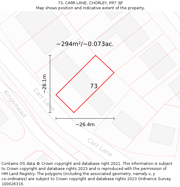 73, CARR LANE, CHORLEY, PR7 3JF: Plot and title map