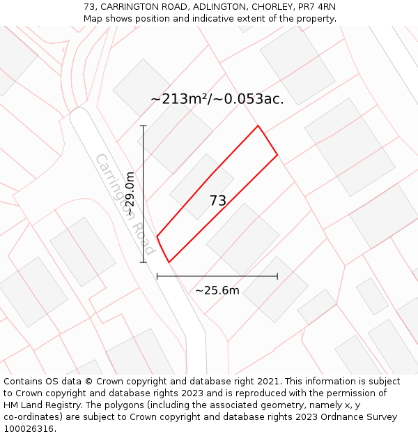 73, CARRINGTON ROAD, ADLINGTON, CHORLEY, PR7 4RN: Plot and title map