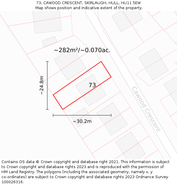 73, CAWOOD CRESCENT, SKIRLAUGH, HULL, HU11 5EW: Plot and title map