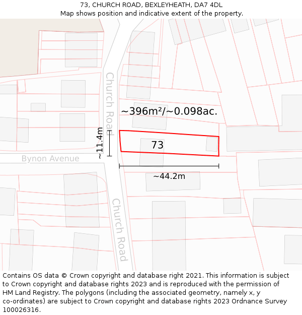 73, CHURCH ROAD, BEXLEYHEATH, DA7 4DL: Plot and title map