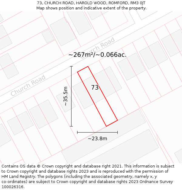 73, CHURCH ROAD, HAROLD WOOD, ROMFORD, RM3 0JT: Plot and title map