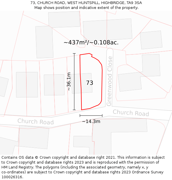 73, CHURCH ROAD, WEST HUNTSPILL, HIGHBRIDGE, TA9 3SA: Plot and title map