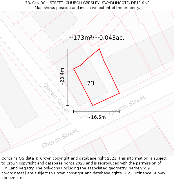 73, CHURCH STREET, CHURCH GRESLEY, SWADLINCOTE, DE11 9NP: Plot and title map