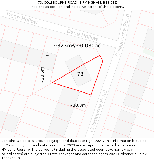 73, COLEBOURNE ROAD, BIRMINGHAM, B13 0EZ: Plot and title map