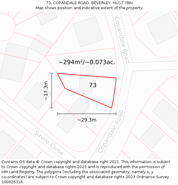 73, COPANDALE ROAD, BEVERLEY, HU17 7BN: Plot and title map