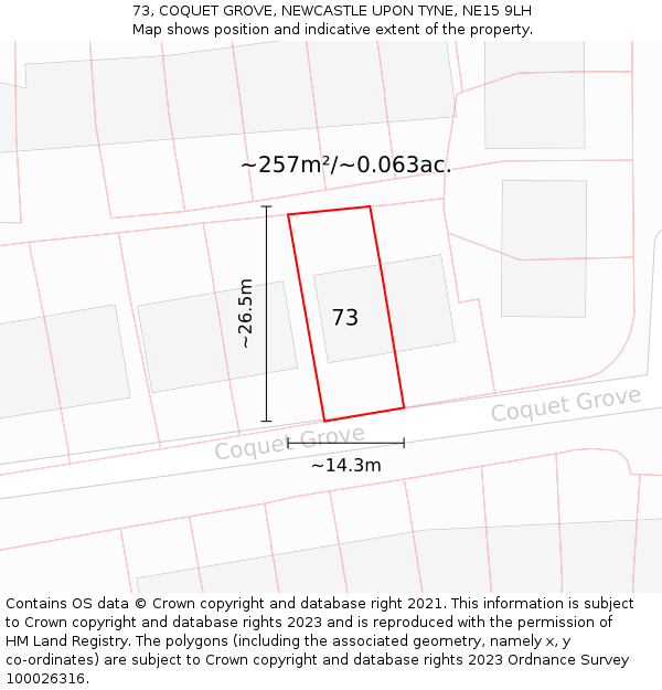 73, COQUET GROVE, NEWCASTLE UPON TYNE, NE15 9LH: Plot and title map