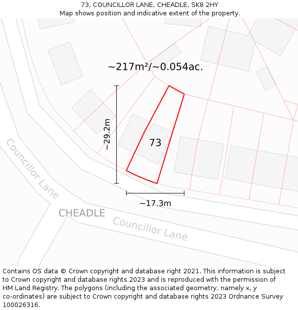 73, COUNCILLOR LANE, CHEADLE, SK8 2HY: Plot and title map