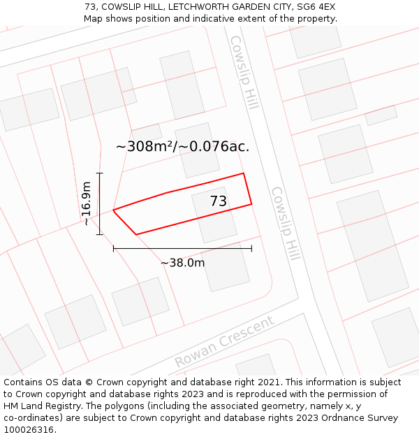 73, COWSLIP HILL, LETCHWORTH GARDEN CITY, SG6 4EX: Plot and title map