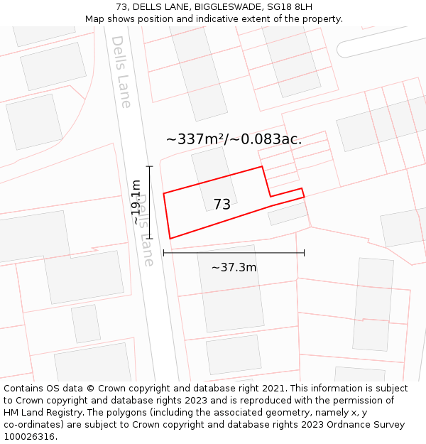 73, DELLS LANE, BIGGLESWADE, SG18 8LH: Plot and title map