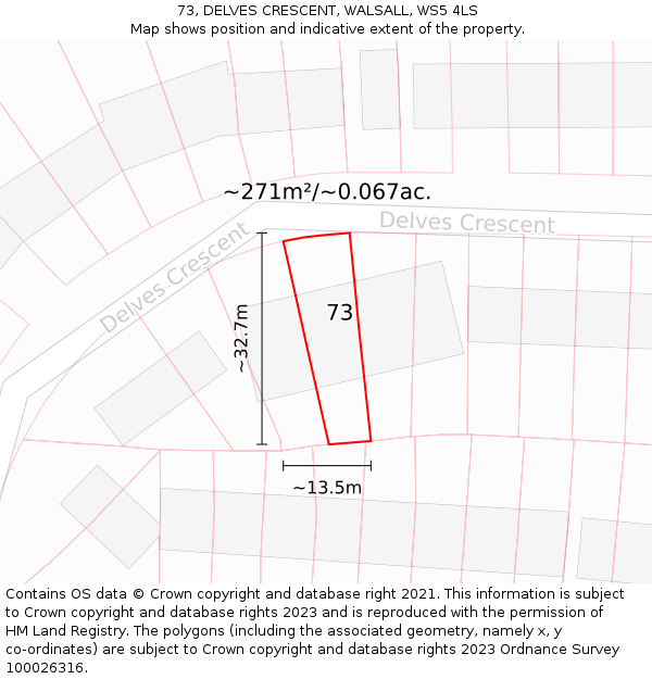 73, DELVES CRESCENT, WALSALL, WS5 4LS: Plot and title map