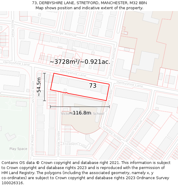 73, DERBYSHIRE LANE, STRETFORD, MANCHESTER, M32 8BN: Plot and title map