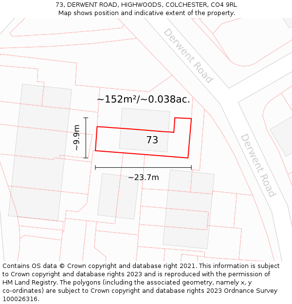 73, DERWENT ROAD, HIGHWOODS, COLCHESTER, CO4 9RL: Plot and title map