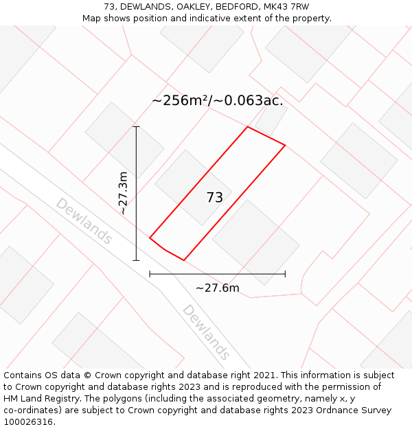 73, DEWLANDS, OAKLEY, BEDFORD, MK43 7RW: Plot and title map