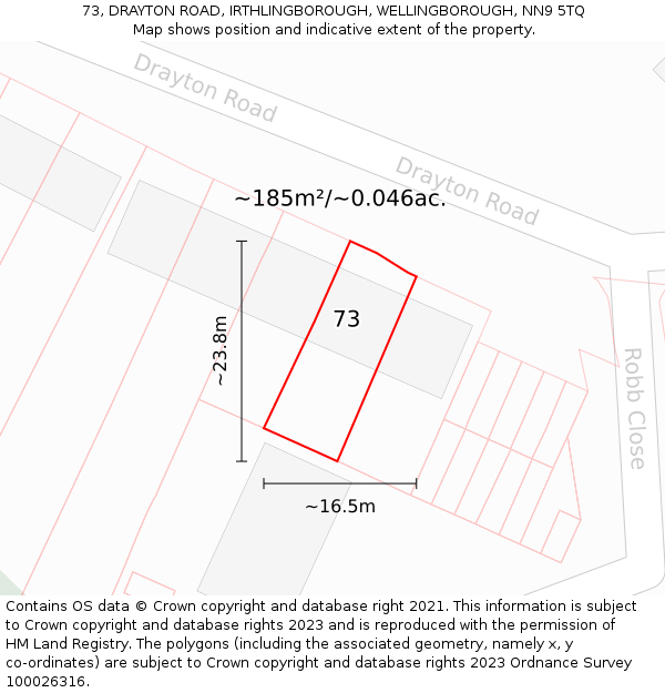 73, DRAYTON ROAD, IRTHLINGBOROUGH, WELLINGBOROUGH, NN9 5TQ: Plot and title map