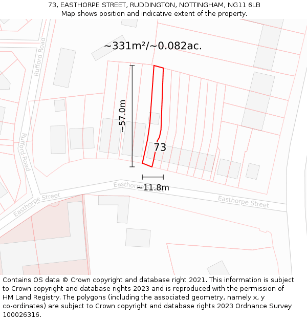 73, EASTHORPE STREET, RUDDINGTON, NOTTINGHAM, NG11 6LB: Plot and title map