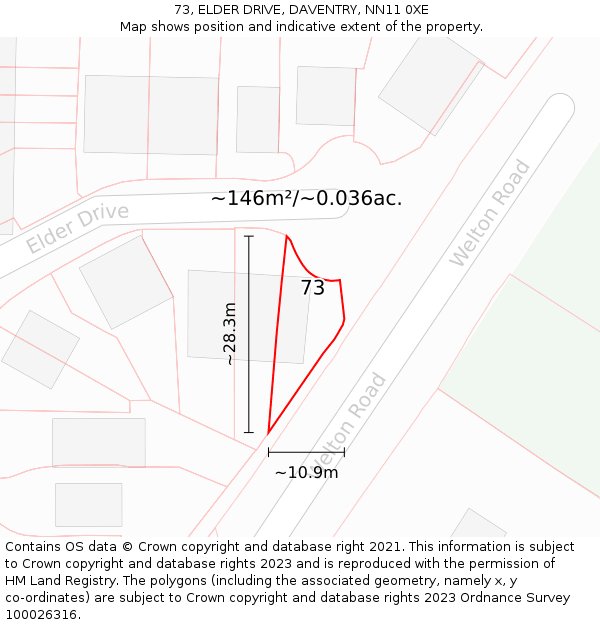 73, ELDER DRIVE, DAVENTRY, NN11 0XE: Plot and title map