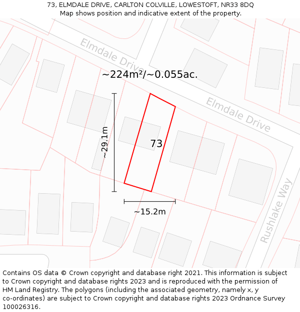 73, ELMDALE DRIVE, CARLTON COLVILLE, LOWESTOFT, NR33 8DQ: Plot and title map