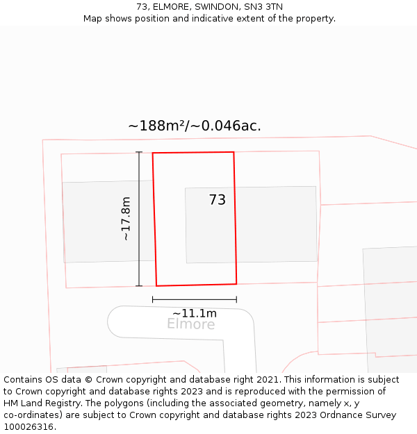 73, ELMORE, SWINDON, SN3 3TN: Plot and title map