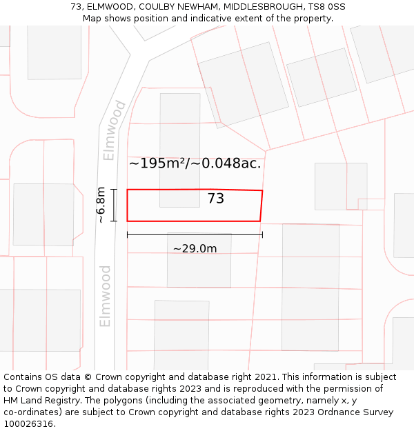 73, ELMWOOD, COULBY NEWHAM, MIDDLESBROUGH, TS8 0SS: Plot and title map