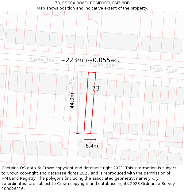 73, ESSEX ROAD, ROMFORD, RM7 8BB: Plot and title map