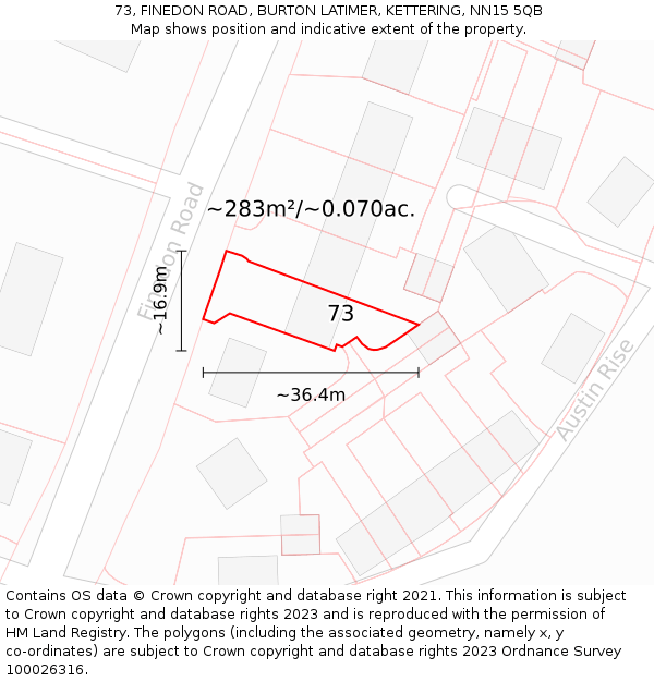 73, FINEDON ROAD, BURTON LATIMER, KETTERING, NN15 5QB: Plot and title map