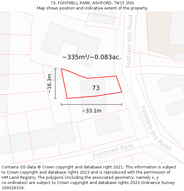 73, FONTMELL PARK, ASHFORD, TW15 2NS: Plot and title map