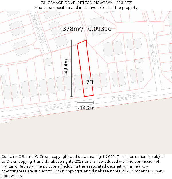 73, GRANGE DRIVE, MELTON MOWBRAY, LE13 1EZ: Plot and title map